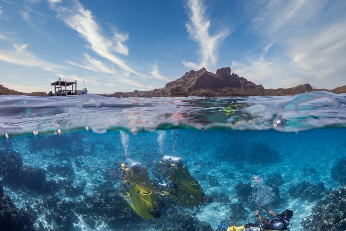 Entdecken Sie die Lagune von Bora Bora mit einem Unterwasser Scooter.