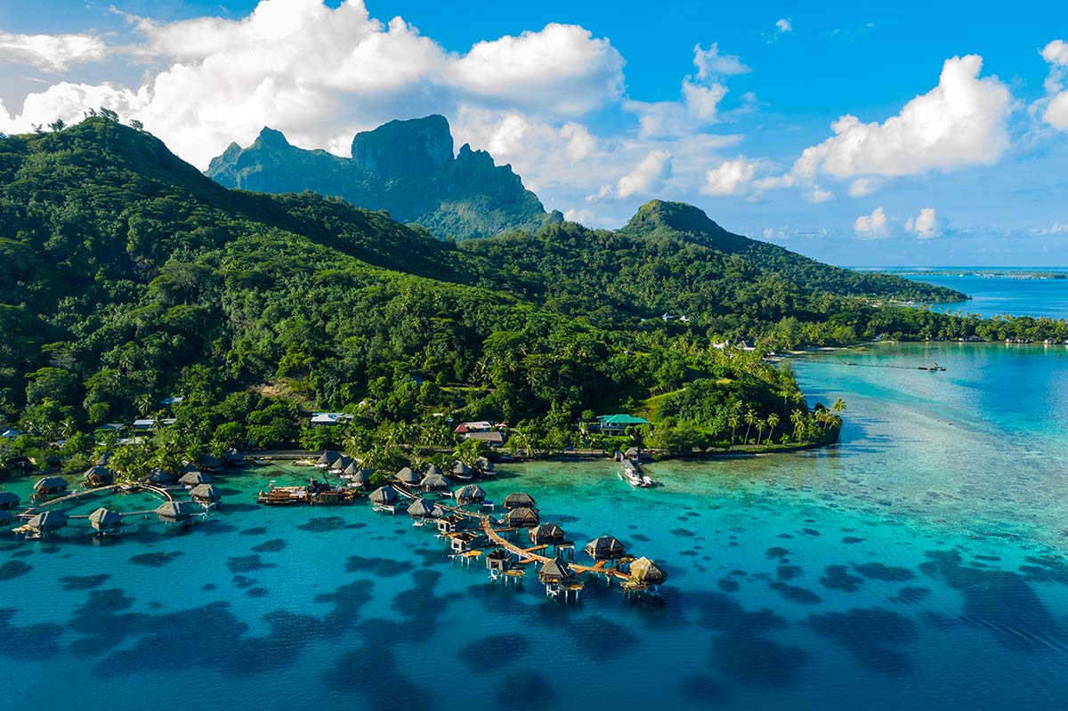 Aerial view of the lagoon and luxury bungalows in Bora Bora