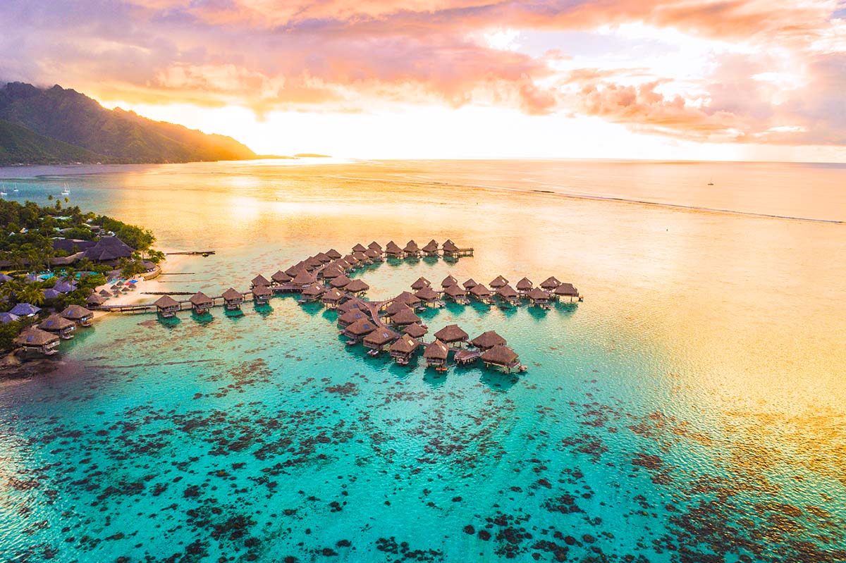 Bungalows of a luxury hotel in Bora Bora