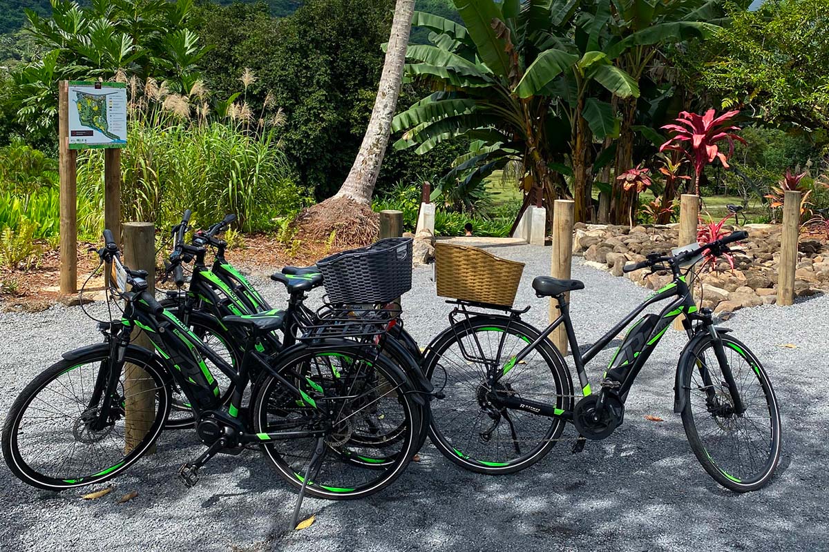 Electric-assisted Bikes in front of the botanical garden of Raiatea