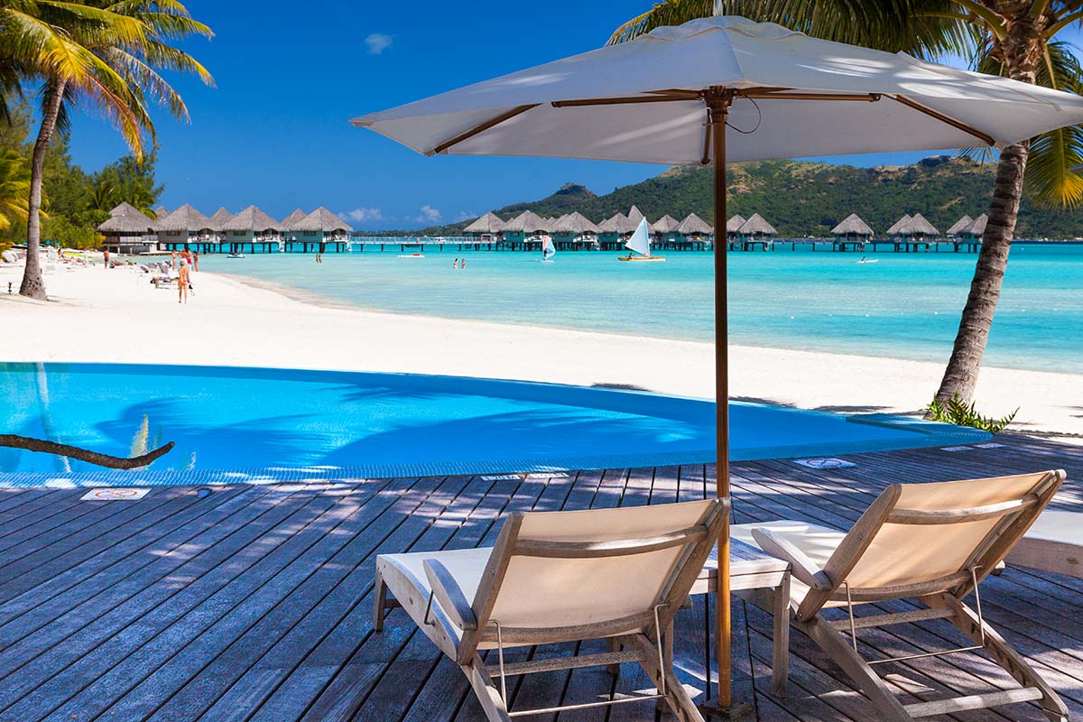 The beach of Le Meridien hotel in Bora Bora, French Polynesia