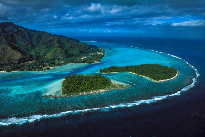 Aerial view of the blue lagoon of Moorea