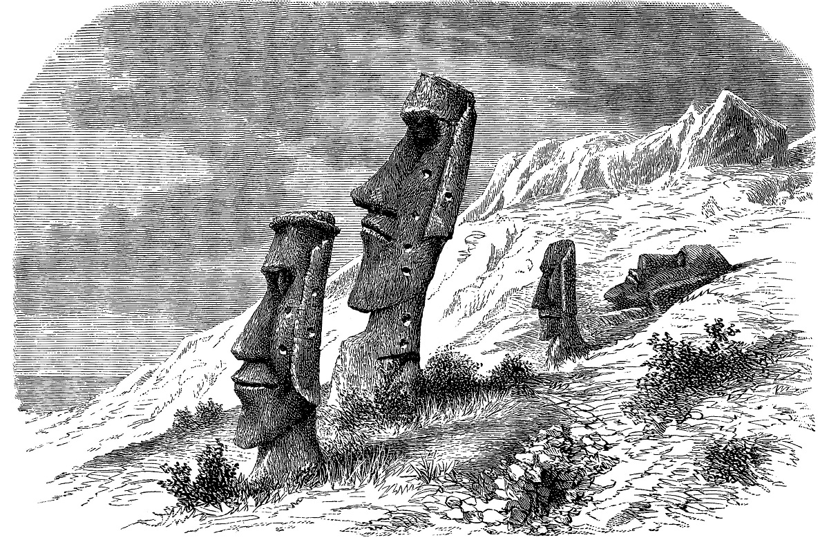 Ancienne gravure représentant les moaï de l'île de Pâques