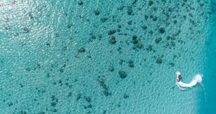 Scooter des mers sur les eaux cristallines de Huahine, en Polynésie française