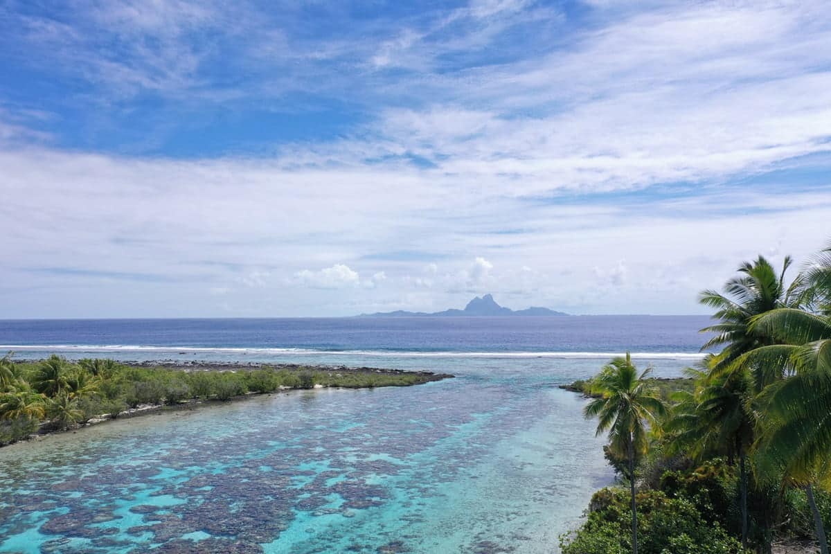 Korallengarten von Tahaa mit Blick auf Bora Bora