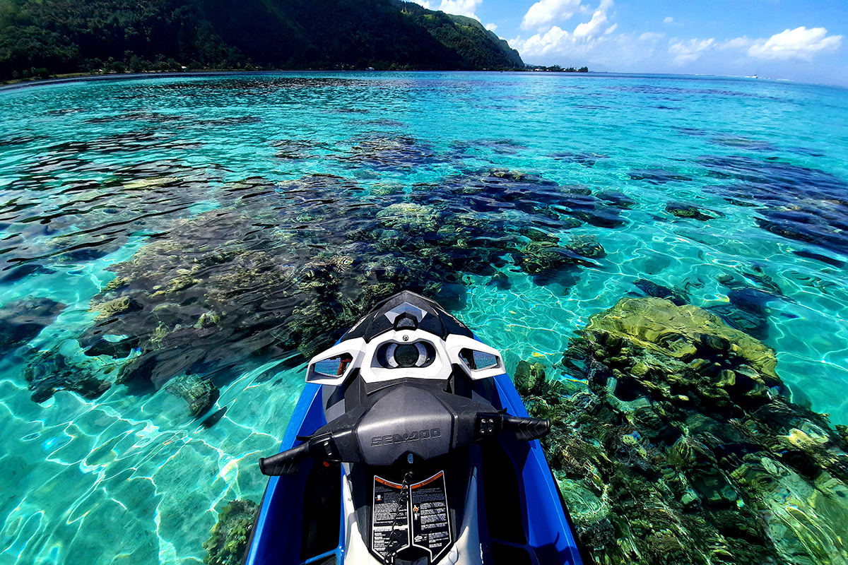 Observing coral during the jet-ski tour in Tahiti